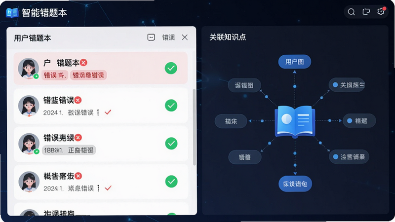 主体为软件内的“智能错题本”功能界面,左侧显示用户错题列表,右侧显示关联知识点图谱,布局左右分栏,排版紧凑有序,风格科技感,细节包含红色高亮的错误标记与绿色正确的对勾,画质清晰,干净