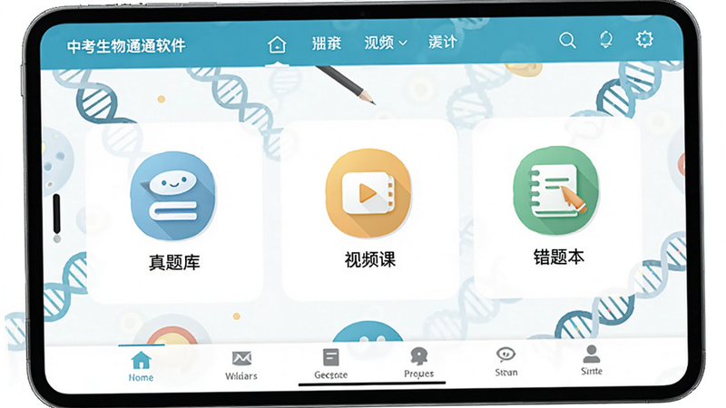 主体为中考生物通软件界面全景展示,布局清晰分为顶部导航、中部核心功能图标区(如真题库、视频课、错题本)、底部标签栏,排版采用扁平化设计,风格清新简约,细节包含生物DNA双螺旋元素点缀,画质高清,干净无多余元素
