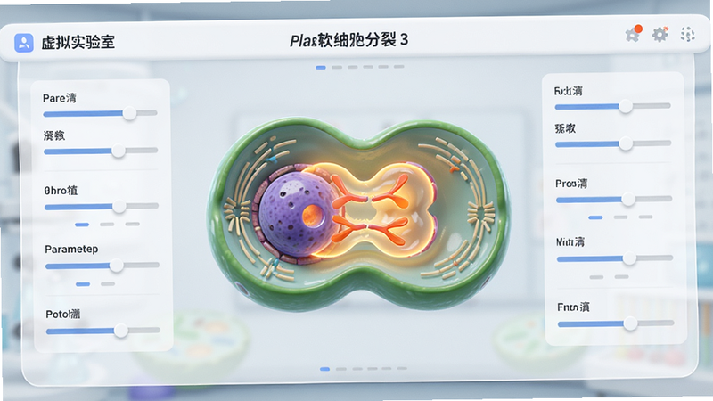 主体为软件内的“虚拟实验室”界面,中央展示一个正在进行的植物细胞分裂3D动画,周围环绕参数调节滑块,布局中心聚焦,排版现代简约,风格写实与卡通结合,细节包含细胞核分裂过程的高亮显示,画质细腻,干净