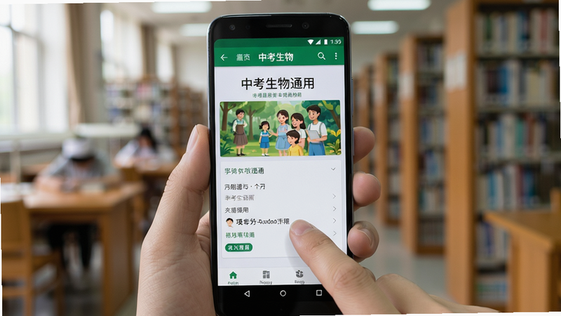 主体为安卓手机手持展示中考生物通应用界面,背景为模糊的图书馆环境,布局突出手机屏幕内容,排版简洁,风格生活化写实,细节包含手指点击屏幕的动作,画质真实,干净