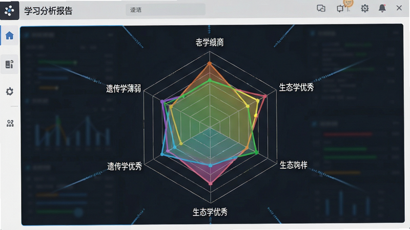 主体为软件内的“学习分析报告”界面,核心是一个彩色的能力雷达图,周围环绕文字说明“遗传学薄弱”、“生态学优秀”等,布局放射状,排版数据可视化风格,细节包含图表网格线,画质清晰,干净