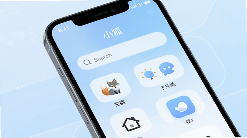 主体为一部现代智能手机,屏幕显示着“小狐”应用的极简首页界面,布局清晰,包含搜索栏和四个主要功能图标,背景为柔和的浅蓝色渐变,风格扁平化且干净,细节处体现科技感,画质高清,无多余元素