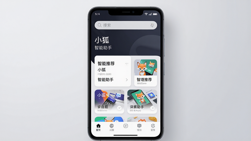 主体为安卓手机正面特写,屏幕显示“小狐”应用主界面,布局清晰分为顶部搜索栏、中部智能推荐卡片和底部导航栏,排版整齐对称,风格为现代极简科技风,细节处展示高清UI图标与柔和阴影,画质4k,干净无多余元素,背景为浅灰色渐变,文字包含