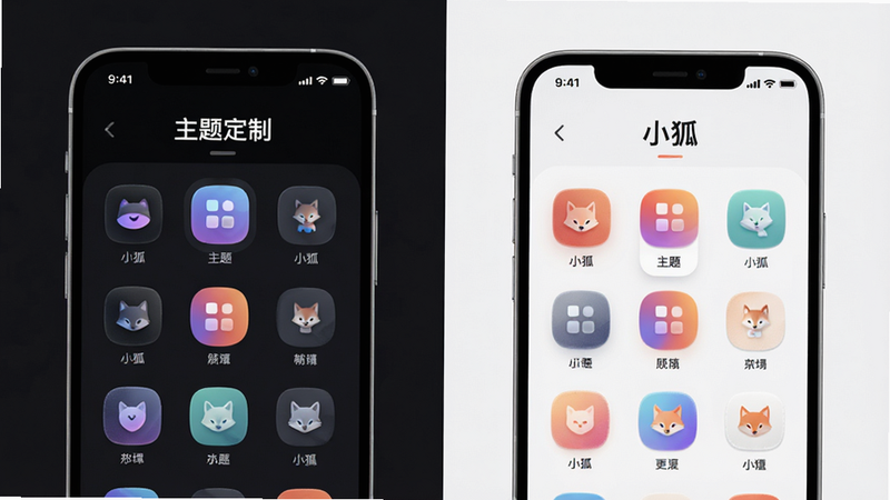 主体为手机界面展示多种主题切换效果,左侧为深色模式,右侧为浅色模式,布局对比鲜明,排版整齐,风格为现代UI设计,细节处展示颜色渐变与图标质感,画质4k,干净,无多余元素,文字包含