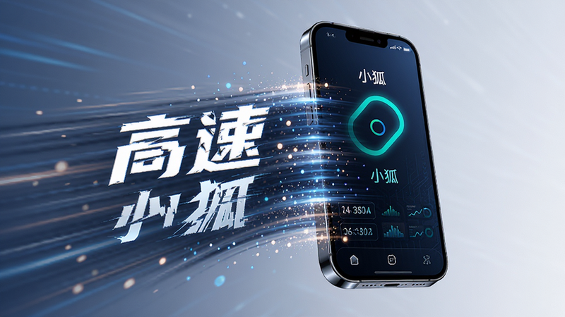 主体为抽象的速度线条与手机屏幕融合,屏幕中显示“小狐”正在快速加载数据,布局呈动态流线型,排版强调速度感,风格为未来科技风,细节处有发光粒子效果,画质高清晰,干净,无多余元素,文字包含