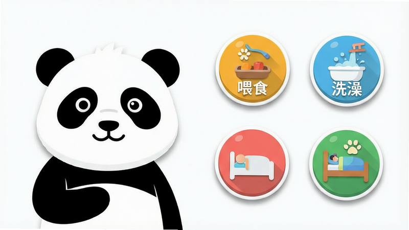 主体为游戏主界面截图,左侧显示熊猫角色,右侧排列着“喂食”、“洗澡”、“睡觉”三个圆形图标按钮。布局清晰,图标设计扁平化,色彩明快。风格为现代移动游戏UI设计,简洁大方。细节处图标带有微妙的阴影效果,增加立体感。画质高清,界面整洁,无杂乱元素。
