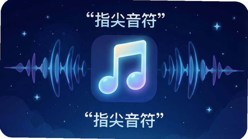 主体为一款名为“指尖音符”的手机应用界面展示,布局简洁现代,背景为深蓝色渐变星空,中央显示巨大的发光音符图标,周围环绕着动态的音波纹路,排版居中对称,风格为科技感与梦幻感结合的细节丰富插画,画质高清,干净,无多余元素,文字加引号“指尖音符”