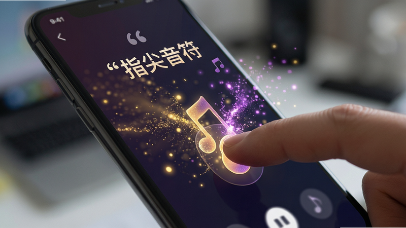 主体为手机屏幕特写,显示“指尖音符”应用运行状态,手指正在滑动屏幕,屏幕中迸发出金色和紫色的光粒子,背景模糊处理以突出前景,布局动态感十足,风格为写实摄影与数字艺术结合,细节清晰,画质超清,干净,无多余元素,文字加引号“指尖音符”