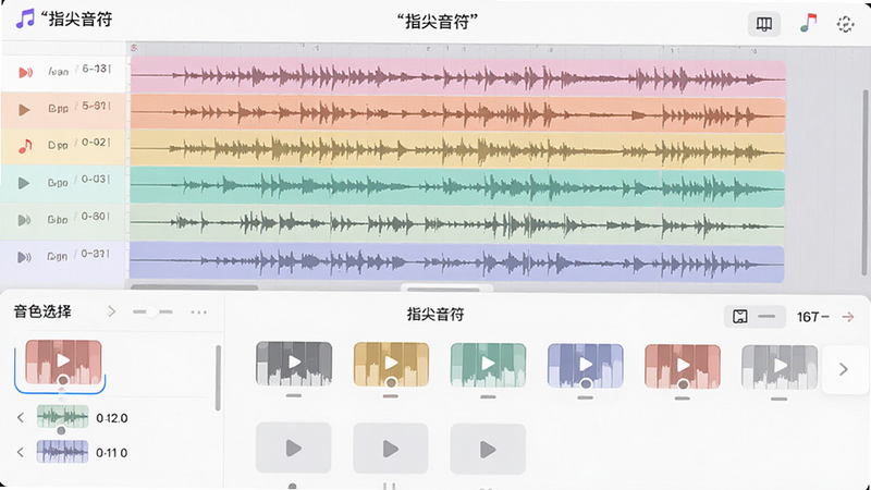 主体为“指尖音符”应用的音效编辑界面,布局为上下分屏,上半部分显示多层音轨波形图,下半部分为音色选择列表,风格为扁平化UI设计,色彩柔和,细节精致,画质高清,干净,无多余元素,文字加引号“指尖音符”