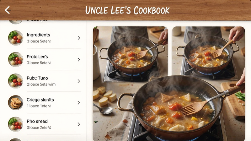 ����ΪUncle Lee's CookbookӦ�ý����ͼ�����������������ʾʳ���б����Ҳ�չʾ��⿹��̣��Ű����࣬�����ܰдʵ��ϸ�ڷḻ�����ʸ��壬�ɾ��޶���Ԫ�أ�����