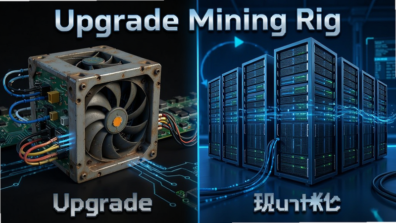 主体是Bitcoin Miner Bro游戏内的矿机升级场景,布局为分屏对比,左侧显示老旧风扇矿机,右侧显示现代化大型服务器集群,排版紧凑,风格为科技感蓝色调,细节包含电路板纹理与数据流动光效,画质清晰,干净,无多余元素,文字标注