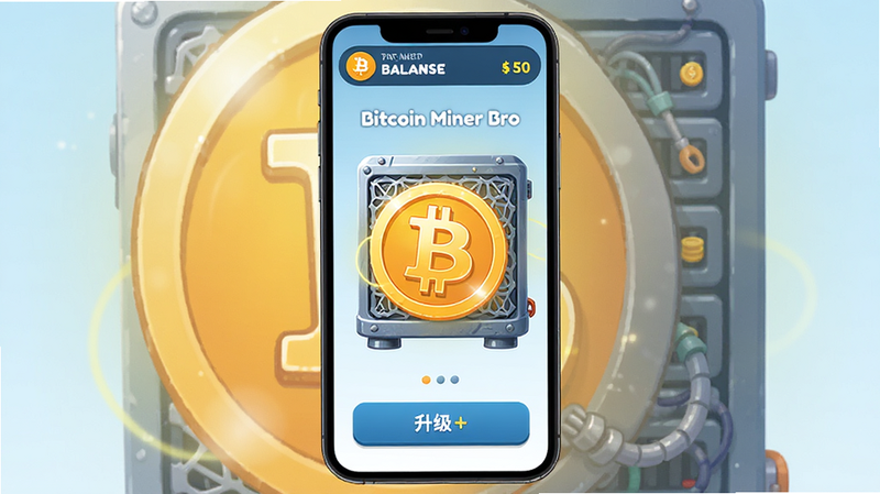 主体是Bitcoin Miner Bro手机应用界面,布局为竖屏居中展示,排版清晰显示顶部余额栏、中间大型矿机图标及底部升级按钮,风格为扁平化卡通插画,细节包含发光的比特币符号与金属质感的服务器机柜,画质高清8k,干净无多余元素,文字标注