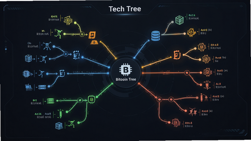 主体是Bitcoin Miner Bro的升级树状图界面,布局为辐射状分支,排版层次分明,风格为简约科技风,细节包含不同颜色的路径连线与节点图标,画质高清,干净,无多余元素,文字标注