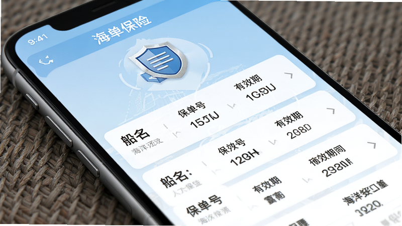 展示“海洋保险”App 的保单管理页面,手机界面中列出了多条保单记录,包含船名、保单号、有效期等字段,背景为浅蓝色渐变,图标为盾牌和文档符号,风格专业商务,细节丰富,高清画质,布局紧凑有序
