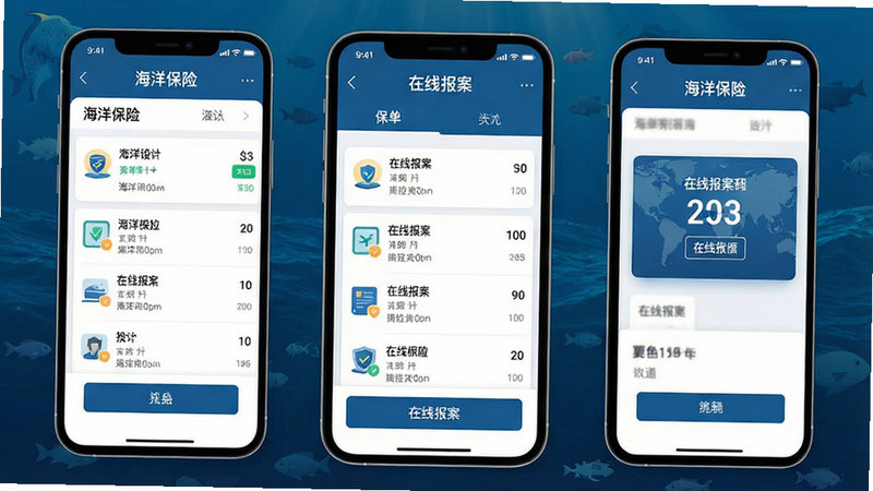 一张高质量的移动端应用界面展示图,主体为“海洋保险”App 的手机屏幕截图,背景为深蓝色海洋主题,界面清晰显示保单列表和在线报案入口,UI 设计简洁现代,扁平化风格,高清晰度,无水印,文字清晰可见,排版整洁