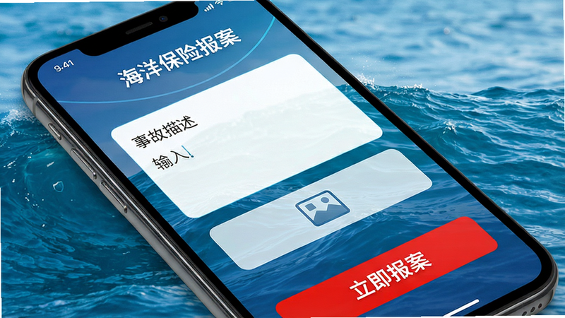 “海洋保险”App 的在线报案界面,手机屏幕显示事故描述输入框和照片上传按钮,背景为动态海浪纹理,强调紧急与快速,红色按钮突出显示“立即报案”,风格现代科技感,清晰度高,无多余装饰,文字“海洋保险报案”清晰可见