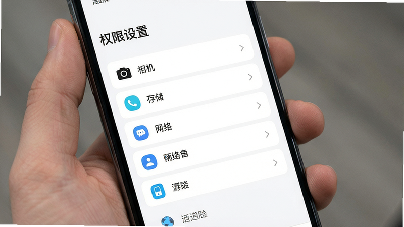 “海洋保险”App 的设置与权限管理界面,手机屏幕显示权限列表,包括相机、存储、网络等选项,背景为白色,图标简洁,风格极简主义,高清晰度,文字“权限设置”清晰可见,布局整齐