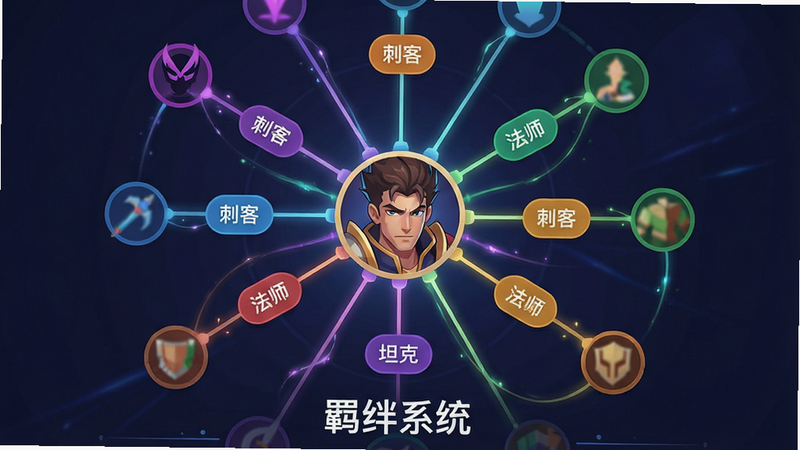 主体是一个复杂的羁绊图谱界面,中心是一个核心英雄头像,周围辐射出多个连线,连线上标注着