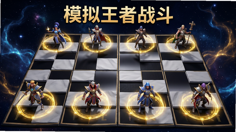 主体为一张宏大的策略战场俯视图,画面中央是八张棋盘格子,格子上站立着风格各异的虚拟英雄角色,角色周围环绕着金色的羁绊光环。背景是深邃的星空与流动的魔法能量,整体布局对称均衡,排版整洁。风格为高精度3D渲染,细节丰富,光影效果逼真,画质4K,干净无多余元素,文字