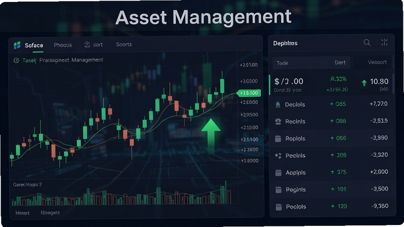 主体为游戏内的金融交易界面,布局包含K线图和资产列表,风格现代金融风,细节有绿色上涨箭头,画质清晰,干净,无多余元素,文字