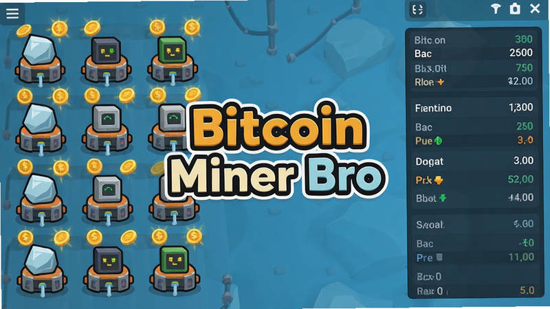 主体展示Bitcoin Miner Bro游戏主界面,布局为横屏操作,左侧为矿机阵列,右侧为数据面板,风格为卡通扁平化,细节包含闪烁的金币特效,画质高清,干净,无多余元素,文字