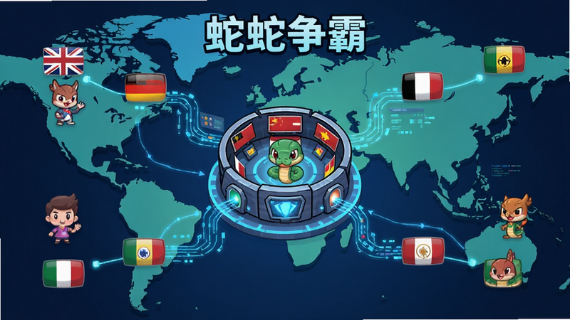 主体为《蛇蛇争霸》全球地图背景,布局展示不同国旗图标连接至中心的竞技场,风格科技感与卡通结合,细节处有数据流线条表示实时连接,画质清晰,干净,无多余元素
