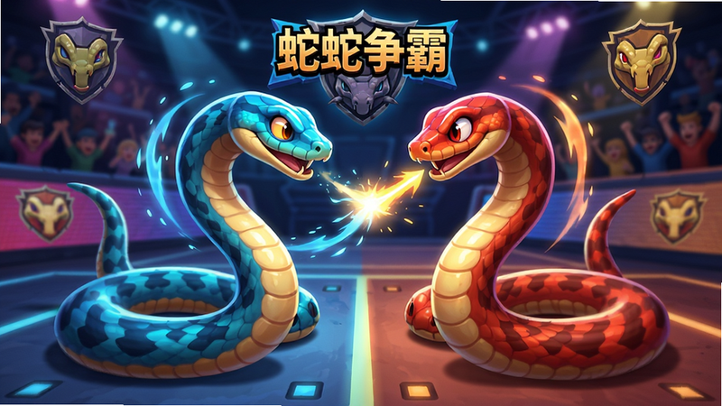 主体为《蛇蛇争霸》双人组队模式场景,布局展示两条蛇首尾相接或在同一区域协同作战,背景为带有团队标识的竞技场,风格活泼动感,细节处有队友配合的光效,画质高清,干净,无多余元素