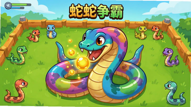 主体为《蛇蛇争霸》游戏主界面全景,布局中心展示一条色彩斑斓的卡通大蛇正在吞噬金色能量点,背景是明亮清新的草地竞技场,四周分布着其他小型玩家控制的蛇,排版整洁,风格为扁平化卡通设计,细节处有蛇身光泽和能量点发光效果,画质高清,干净,无多余元素,文字包含