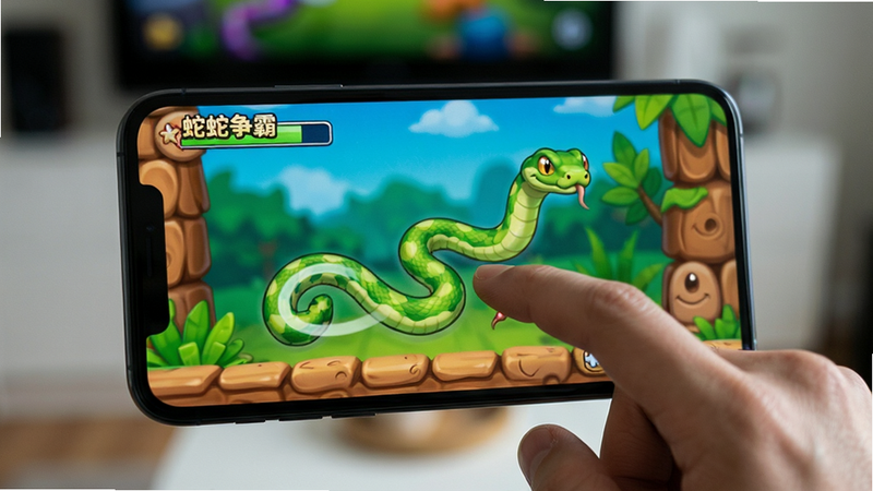 主体为一只手正在智能手机屏幕上滑动操作《蛇蛇争霸》游戏,布局展示手指轨迹与蛇身走向的对应关系,背景虚化,风格写实与卡通结合,细节处显示屏幕上的蛇头转向动作,画质清晰,干净,无多余元素