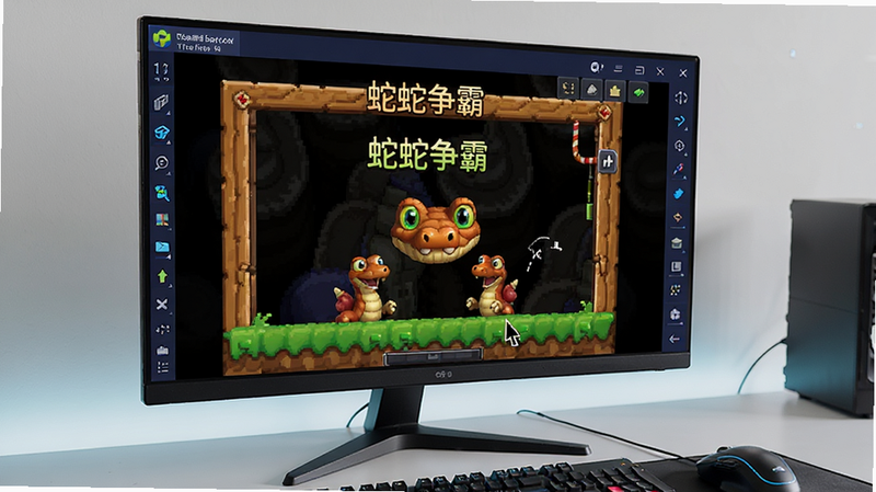 主体为电脑显示器上运行《蛇蛇争霸》安卓模拟器的界面,布局展示游戏画面在窗口中运行,周围是模拟器的工具栏,风格现代科技感,细节处显示鼠标指针操作,画质高清,干净,无多余元素