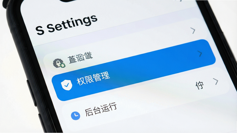 主体为手机设置界面截图,布局为垂直列表,高亮显示“权限管理”和“后台运行”选项,风格为扁平化UI设计,细节清晰,画质高清,干净,文字