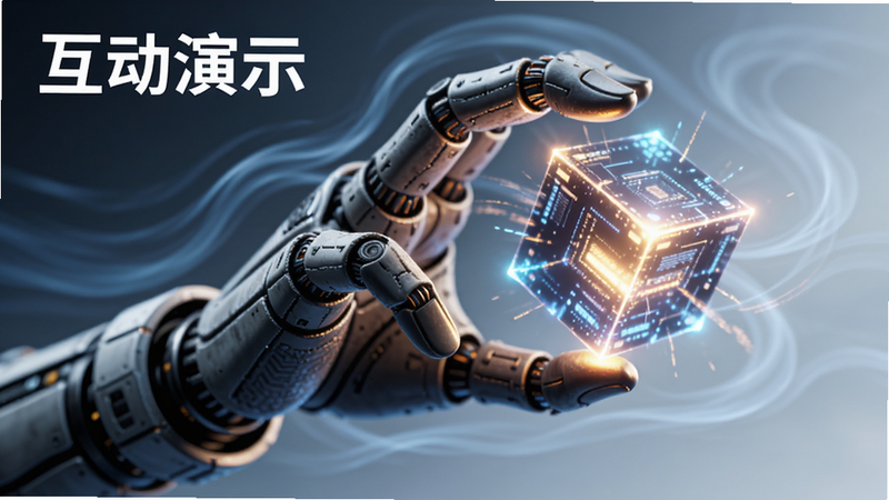主体是一只动态的超级之手正在抓取一个悬浮的发光立方体,布局呈对角线构图,排版动感,风格科技风,细节展现手指抓握的力度感和周围的气流特效,画质8k,干净,无多余元素,文字