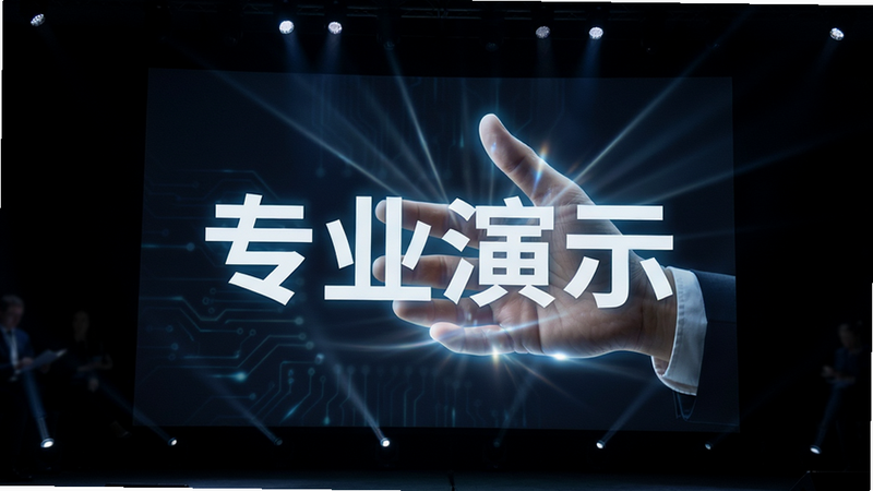 主体是Super Hand在投影屏幕上进行演示,背景为深色舞台,布局中心聚焦,排版宏大,风格商务科技,细节展现投影光束和手部光效,画质高清,干净,无多余元素,文字