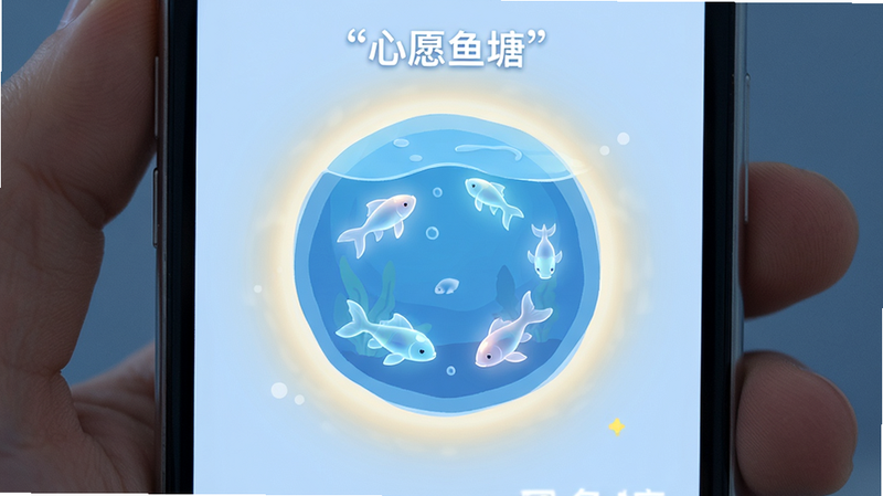 主体为手机屏幕展示心愿鱼塘应用界面,布局为中心圆形池塘区域,周围环绕柔和的光晕,排版简洁居中,风格为清新治愈系扁平化设计,细节包含几条发光的半透明小鱼在蓝色水体中游动,画质高清,干净,无多余元素,文字加引号