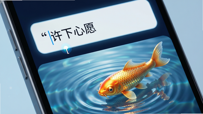主体为特写镜头展示手机屏幕上的许愿输入框与生成的金色锦鲤,布局为上方面板输入区,下方为动态水体,排版清晰分层,风格为科技感与梦幻感结合,细节包含输入光标闪烁、鱼鳞光泽反射、水波纹扩散,画质高清,干净,无多余元素,文字加引号