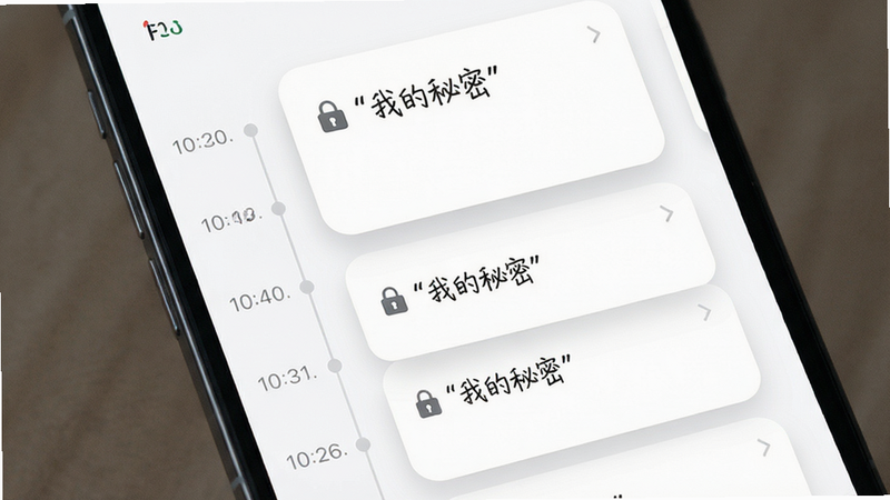 主体为手机应用界面展示私密日记列表,布局为左侧时间轴,右侧卡片式内容摘要,排版整齐有序,风格为简约极简主义,细节包含锁形图标表示隐私保护、柔和的阴影效果、卡片圆角设计,画质高清,干净,无多余元素,文字加引号