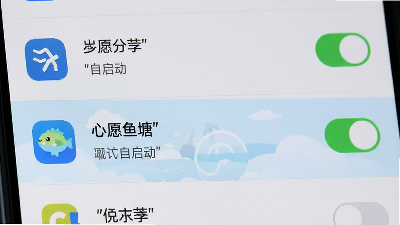 主体为手机系统设置界面截图,布局为应用列表页,高亮显示“心愿鱼塘”条目,排版为列表式,风格为系统原生UI,细节包含开关按钮处于开启状态、权限图标清晰可见、背景为浅灰色,画质高清,干净,无多余元素,文字加引号