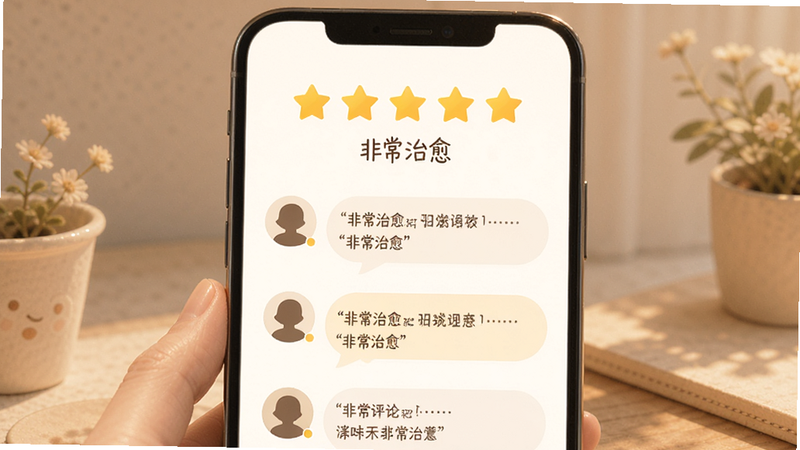 主体为应用评分界面,布局为五星评价区与用户评论卡片,排版为中心对齐,风格为温暖柔和色调,细节包含黄色星星图标、用户头像圆形剪影、评论气泡框,画质高清,干净,无多余元素,文字加引号