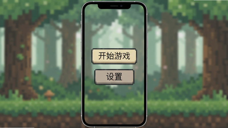 展示手机屏幕上干净的游戏主菜单界面,背景是模糊的像素森林,界面上只有几个简单的像素风格按钮,如“开始游戏”、“设置”,整体色调柔和,风格极简现代,高清渲染,无广告标识