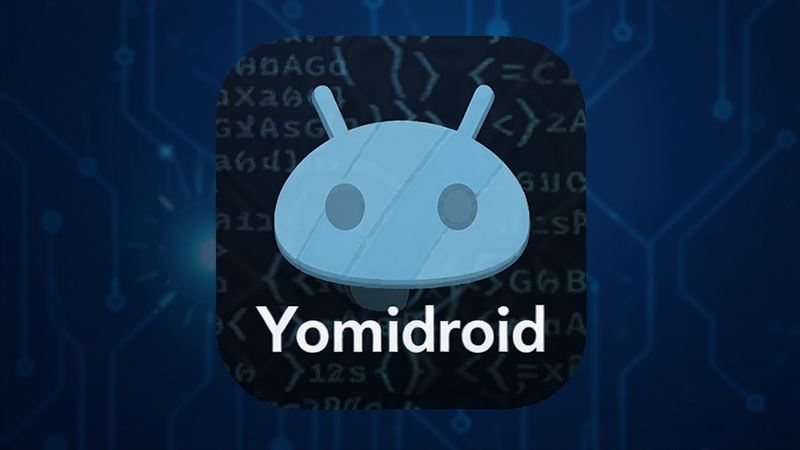 主体为Yomidroid应用图标,背景为深蓝色科技感渐变,布局居中,排版简洁,风格现代扁平化,细节包含引擎代码纹理,画质高清,干净,无多余元素,文字