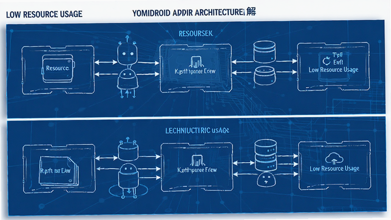 主体为Yomidroid应用架构图解,背景白色,布局上下分层,排版逻辑清晰,风格技术蓝图风,细节显示资源流向箭头,画质清晰,干净,无多余元素,文字