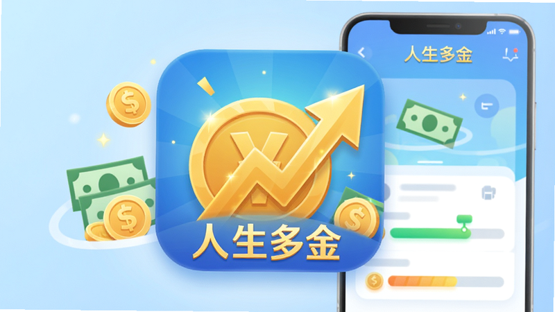 主体为“人生多金”手机游戏应用图标及主界面预览图,布局采用居中构图,背景为柔和的浅蓝色渐变,图标设计为金色硬币与向上箭头组合,象征财富增长,周围环绕着简洁的UI元素如金币、钞票和进度条,风格为现代扁平化设计,细节处带有微光效果,画质高清,干净无多余元素,文字“人生多金”清晰可见