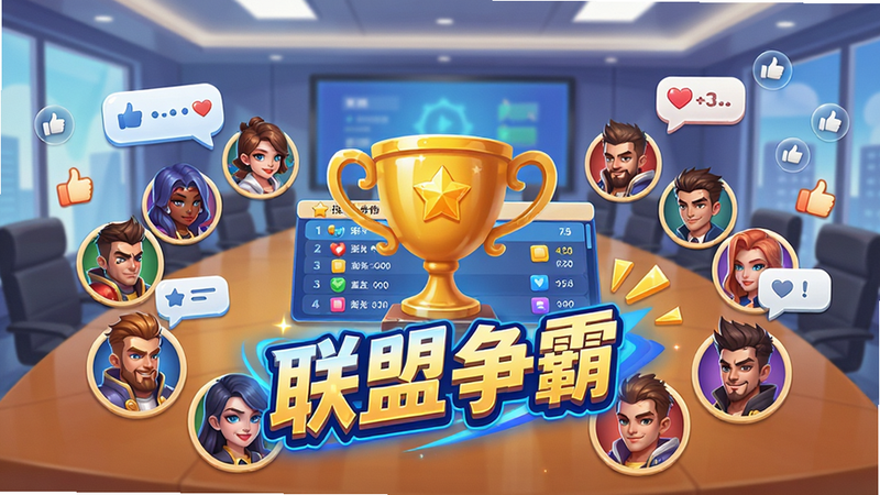 主体为“人生多金”游戏内的联盟互动场景,布局展示多个游戏角色头像围成一圈,中间是巨大的奖杯和排行榜列表,背景为虚拟的商务会议室,风格为活泼的社交风格,细节处有气泡对话框和点赞图标,画质清晰,干净,文字“联盟争霸”以动态效果呈现