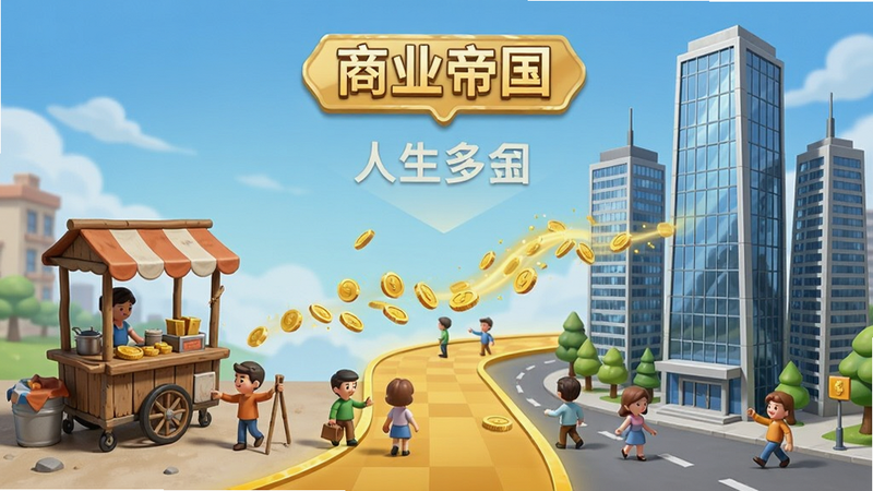 主体为“人生多金”游戏内的商业扩张场景,布局展示从路边摊到摩天大楼的演变过程,左侧是简陋的小推车,右侧是现代化的玻璃幕墙大厦,中间通过金色路径连接,风格为卡通写实结合,细节丰富,包含忙碌的小人模型和流动的金币特效,画质清晰,干净,文字“商业帝国”以标签形式浮现