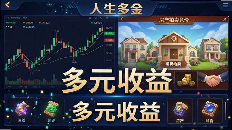主体为“人生多金”游戏内的多元化赚钱界面,布局采用分屏设计,左侧显示股票K线图波动,右侧显示房产拍卖竞价界面,底部有稀有物品展示栏,风格为科技感与商务风结合,细节处有数字跳动特效和握手图标,画质高清,干净,文字“多元收益”以醒目字体显示