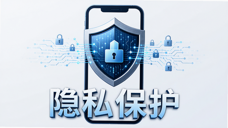 主体为安全盾牌图标与手机轮廓的组合,布局上下结构,排版稳重,风格为科技商务风,细节处展现数据流动的加密线条,画质高清,干净背景,文字“隐私保护”醒目显示
