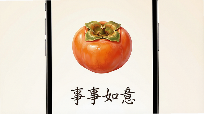 主体为智能手机屏幕特写,屏幕中央展示着高清的柿子果实插画,背景为柔和的米白色渐变,布局简洁居中,排版留白充足,风格为现代清新插画风,细节处展现柿子表皮的细腻质感与光泽,画质4K高清,干净无多余元素,文字“事事如意”以优雅手写体置于画面下方