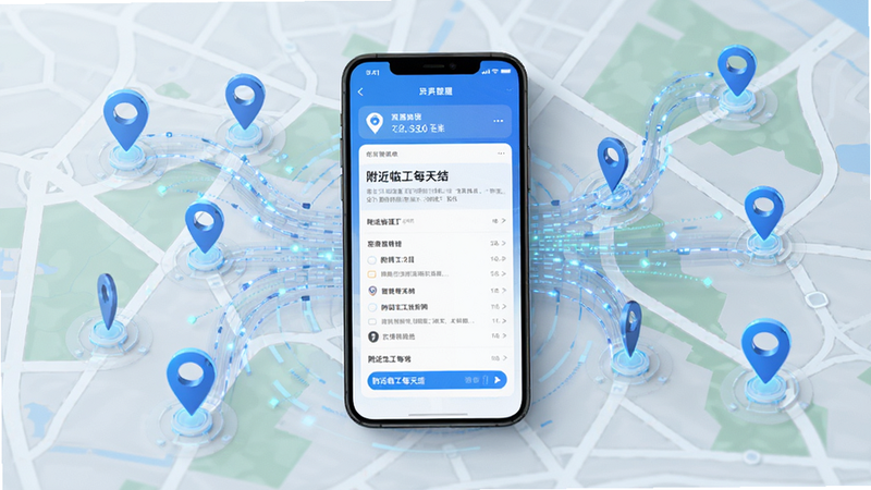 主体为地图与手机结合的概念图,地图上标注多个蓝色定位点,手机屏幕显示“附近临工每天结”界面,布局中心对称,排版紧凑,风格科技感,细节处有数据流动效果,画质清晰,干净,无多余元素