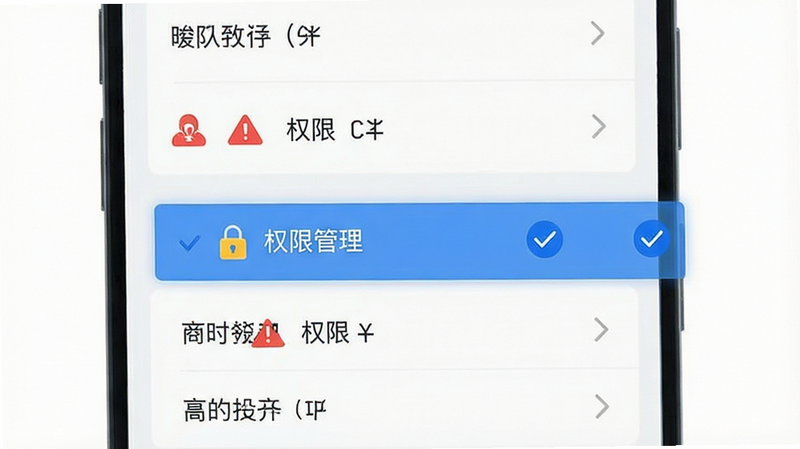 主体为手机端设置界面示意图,高亮显示“权限管理”部分,布局垂直排列,排版简洁,风格扁平化,细节处有红色警告图标和蓝色勾选图标,画质清晰,干净,无多余元素