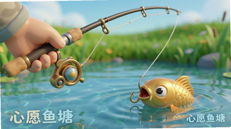特写镜头,一只卡通风格的手握着精致的鱼竿,鱼线延伸入清澈的水面,激起层层涟漪,水下隐约可见一条金色的“心愿鱼”正咬住鱼钩,背景是虚化的绿色草地和蓝天,光影效果逼真,细节清晰,风格为精致3D渲染,画质高,干净,文字“心愿鱼塘”